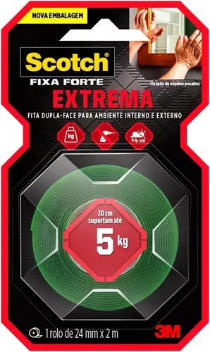 Fita Dupla Face Scotch 3M, 24mm x 2m Fixa Forte, Fixação Extrema
