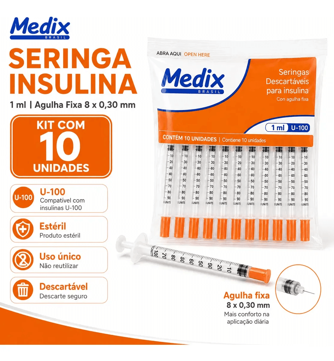 Seringa Insulina 1ml Agulha Fixa 8x0,30 - 10 Unidades