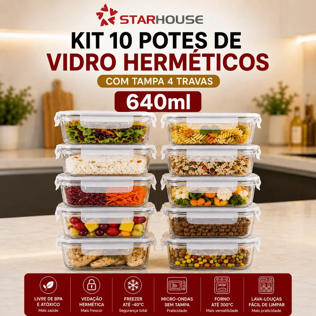 Kit 10 Potes Herméticos Vidro 640ml Starhouse Marmita Forno Micro-ondas Airfryer com 4 travas de super vedação
