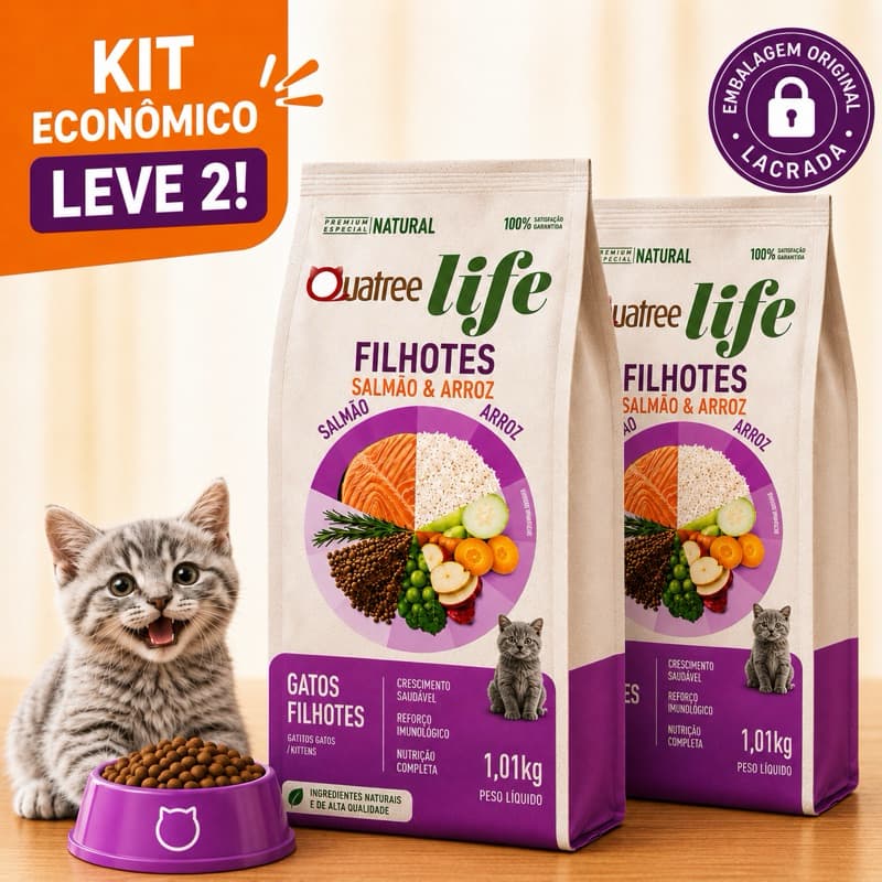 Kit Ração Gato Quatree Life Ração Gato Filhote Salmão 1kg 2 pacotes Ração Natural