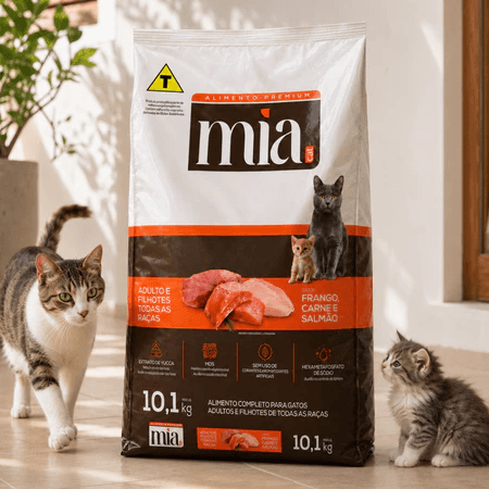 Ração Gato Filhote e Adulto 10kg Mia Cat Sabor Carne Salmão e Frango